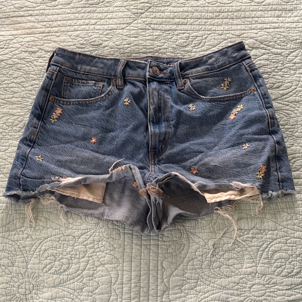 American Eagle High Rise Distressed Blue Jean Shorts with Floral Embroidery